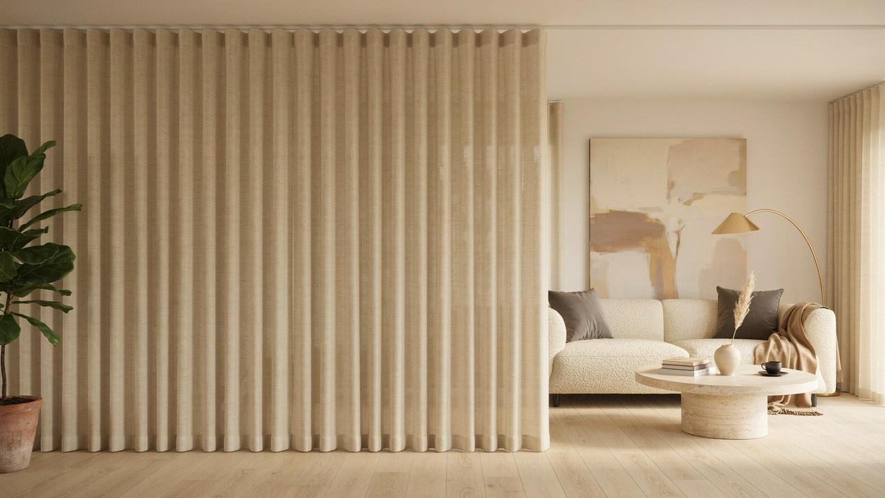 Ripple fold curtains with evenly spaced S-shaped waves on a track.
