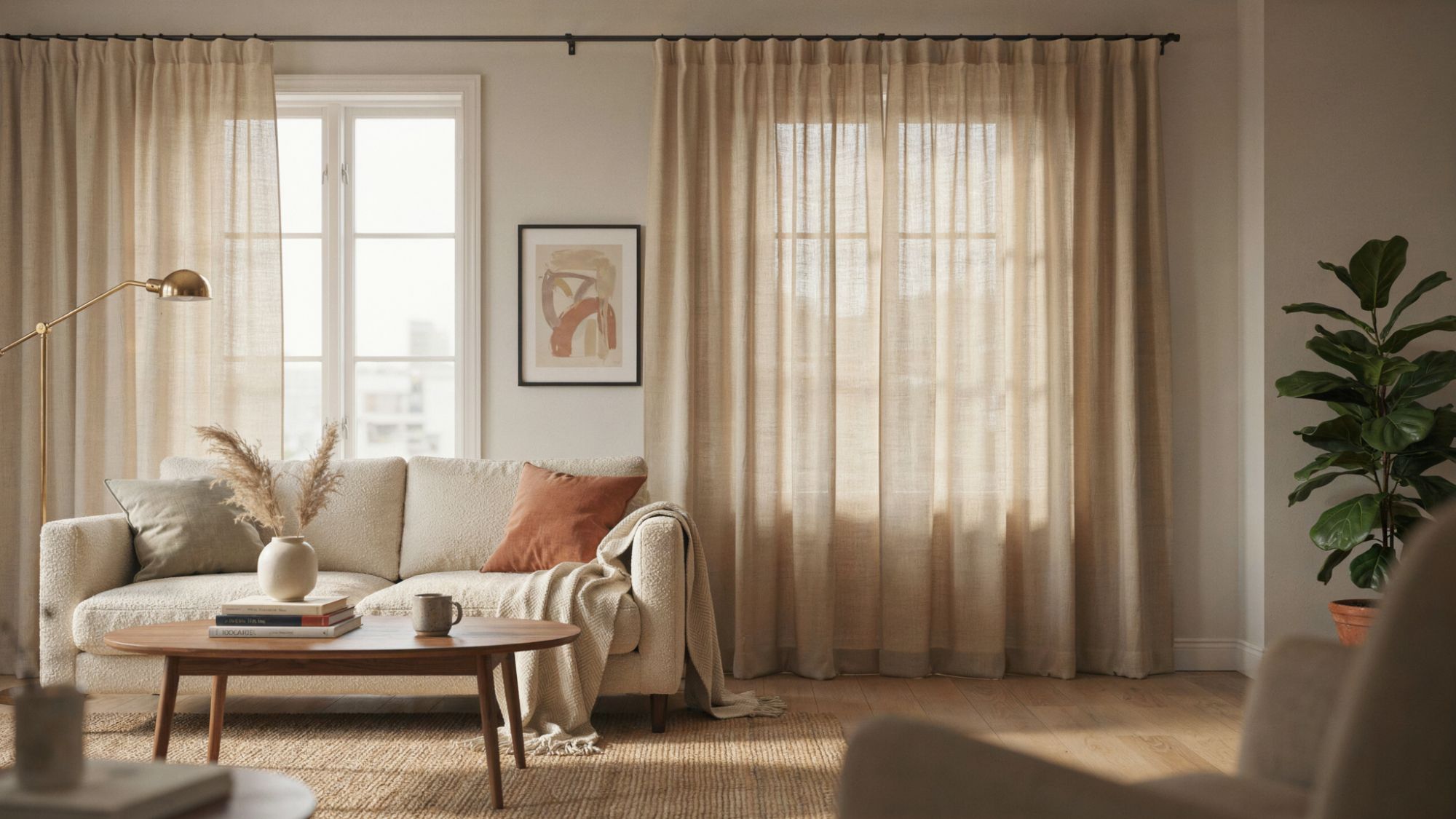 Rod pocket curtains with concealed rod and softly gathered fabric.