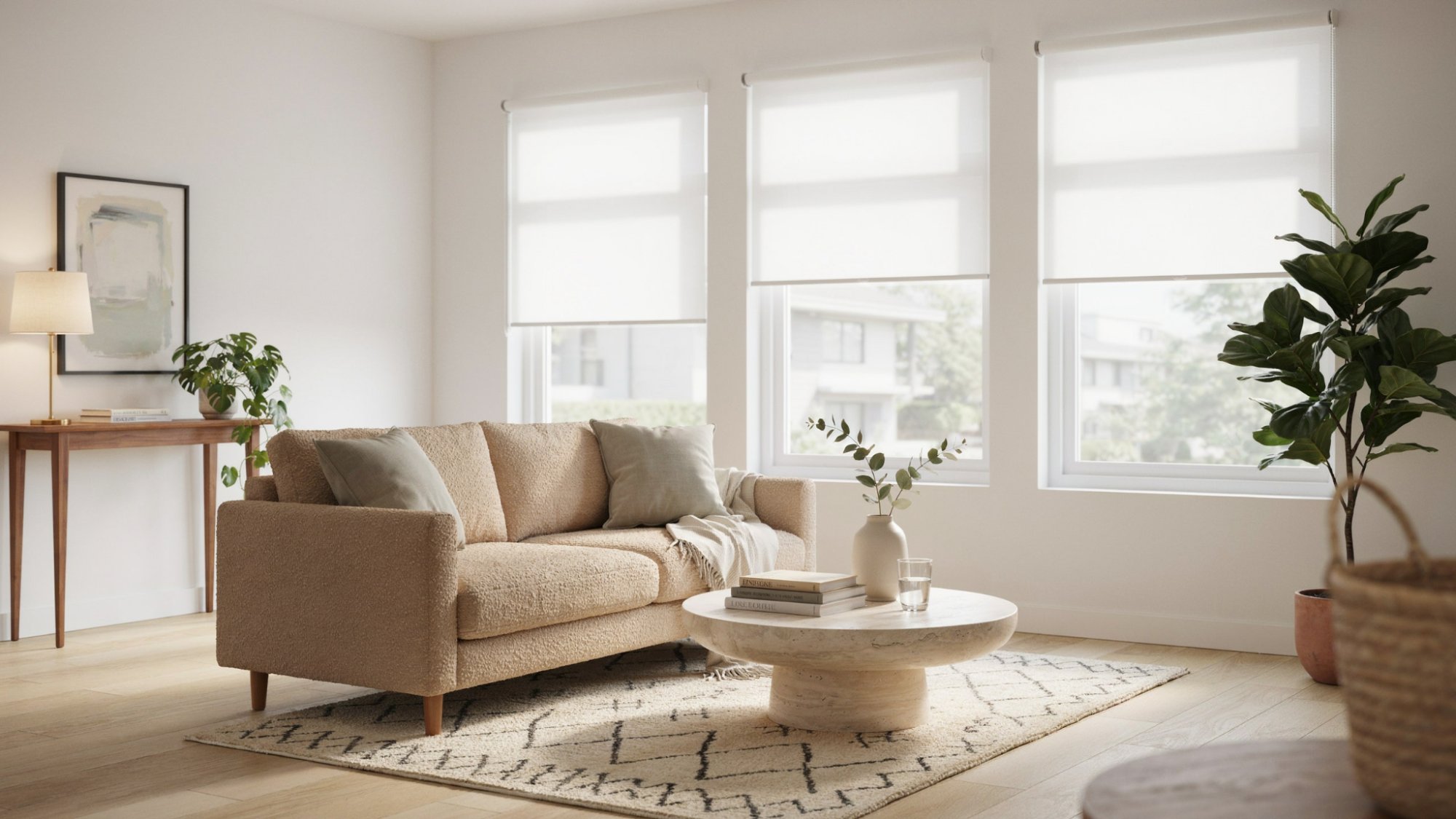Bright modern living room with a beige bouclé sofa, round stone coffee table with books and a vase