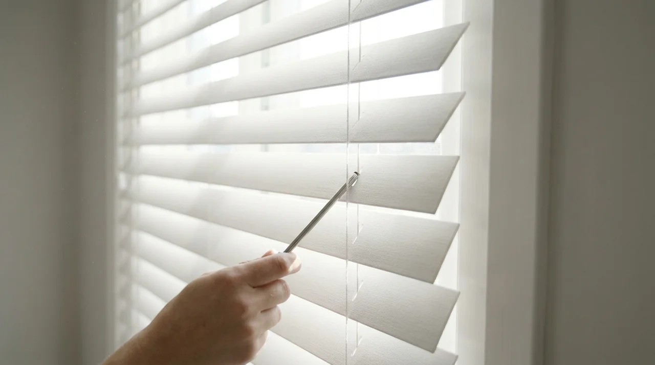 Person tilting horizontal blind slats closed for privacy and light control.