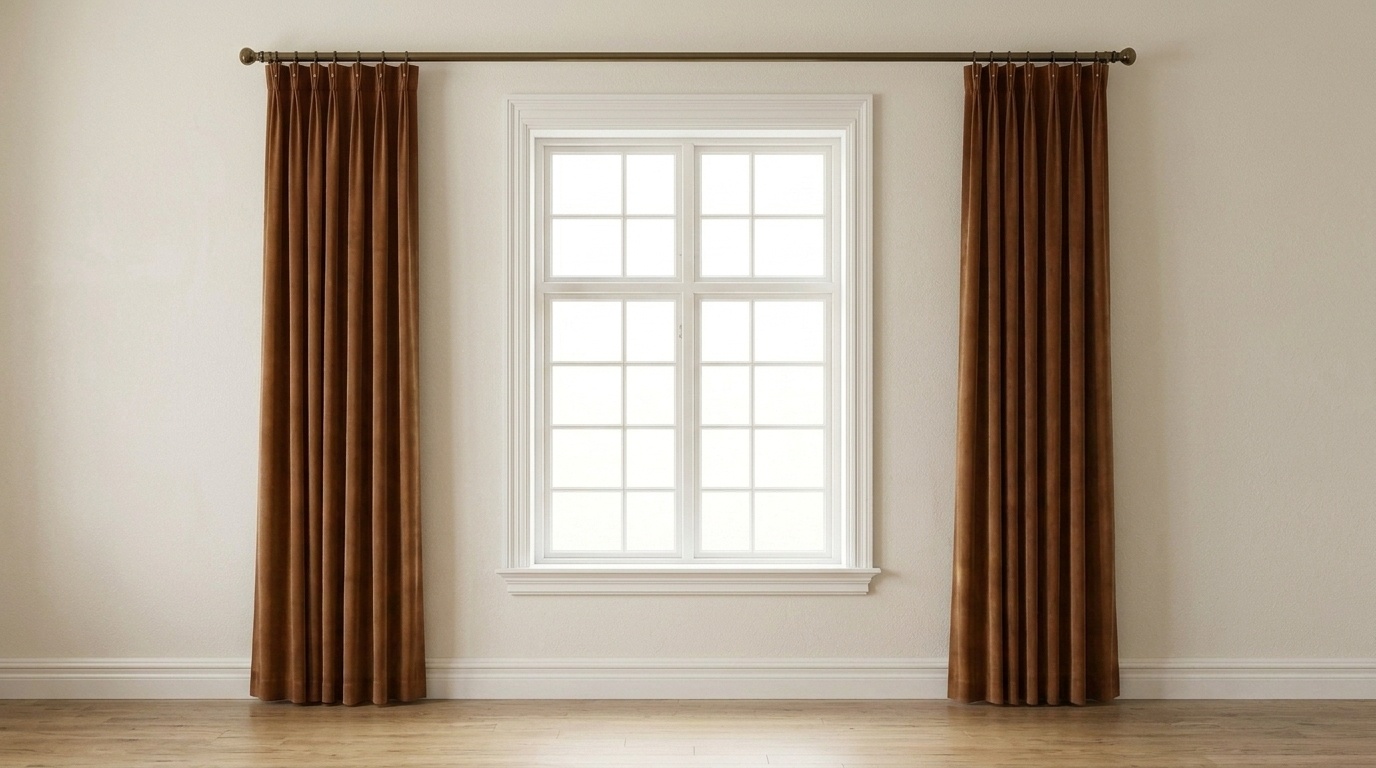 Brown velvet curtains hung too wide on brass rod exposing bare window and wall space