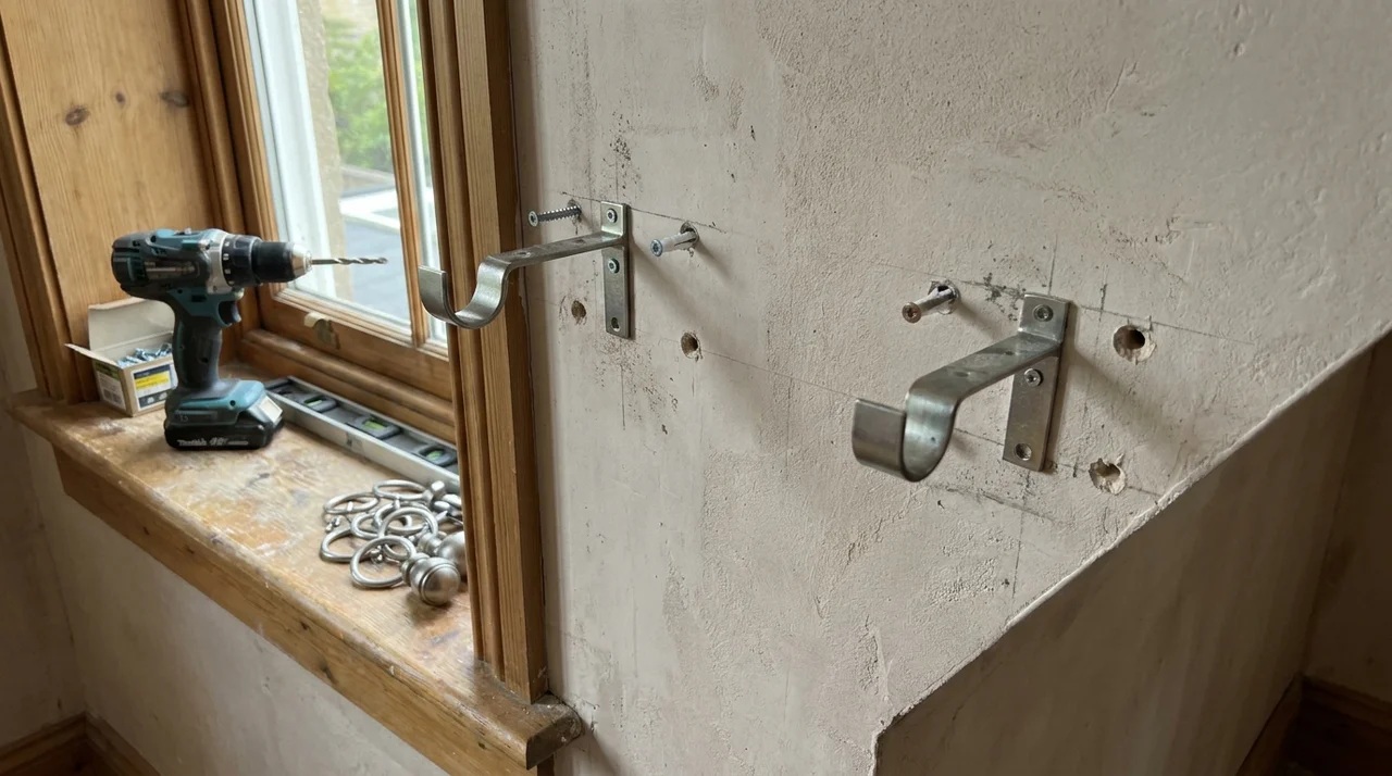 Curtain rod brackets securely mounted with screws and wall anchors above a residential window.