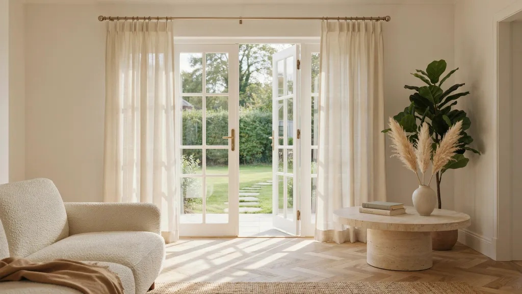 French door curtains fitted across glass-paneled interior doors.