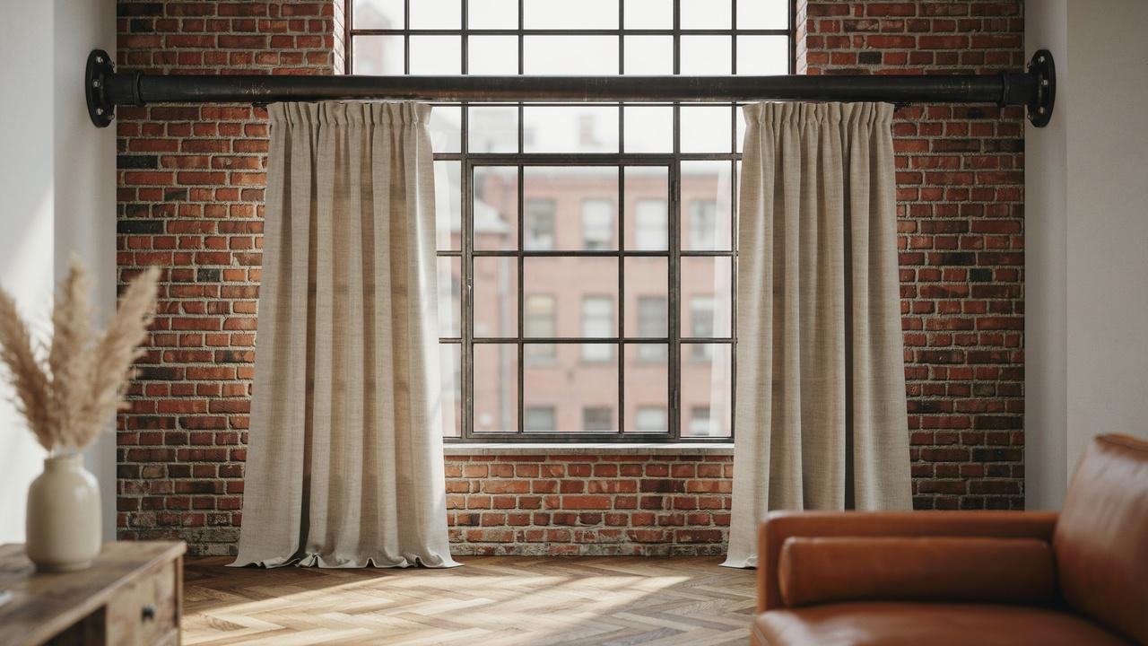 Black iron pipe curtain rod with flanges supporting heavy curtains.