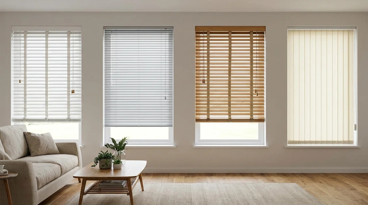 Different corded blind styles displayed with their operating cords and controls.