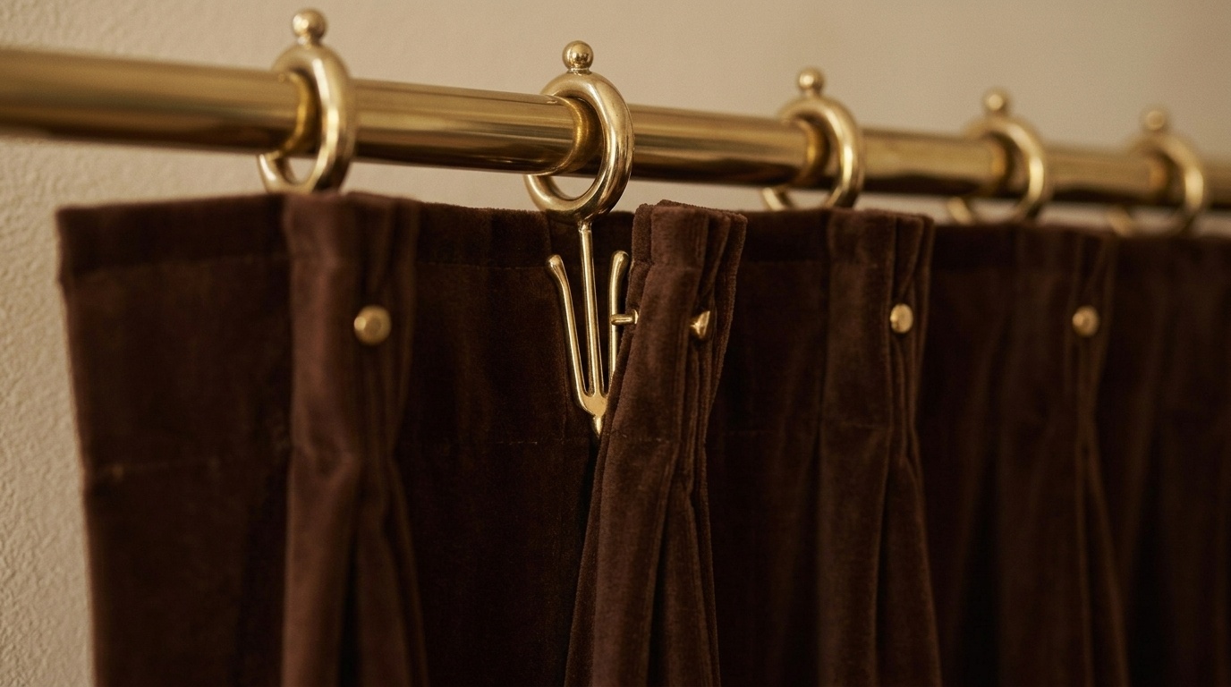 Close-up of brass curtain ring with gold hook attaching brown velvet drape to rod