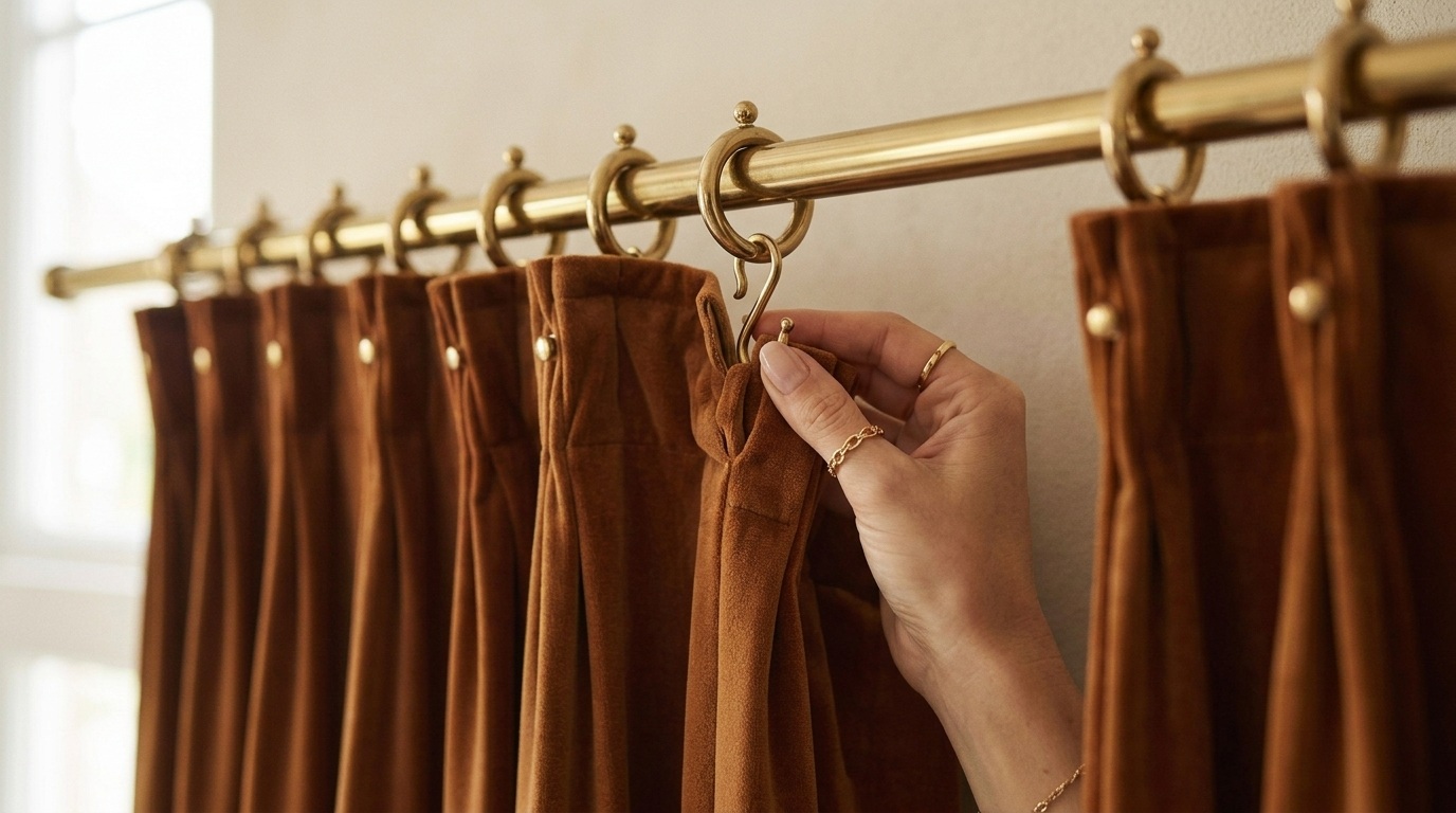 Hand hanging brown velvet curtains on antique brass rings and S-hooks along gold curtain rod