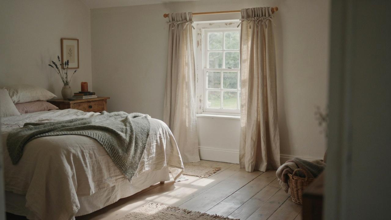 Tie-top curtains with fabric bows hanging in a cozy cottage bedroom.