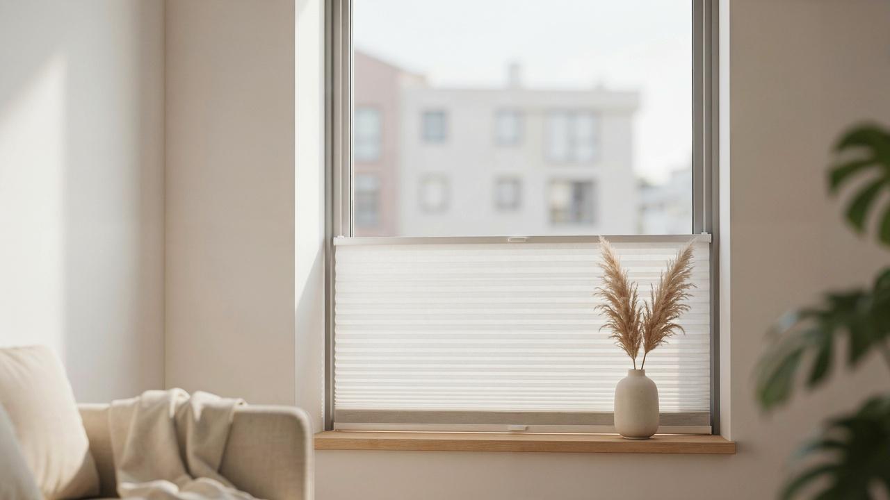 Sunlit window with white bottom-up pleated blind, small vase with dried pampas grass on wooden sill, beige sofa with throw blanket nearby.