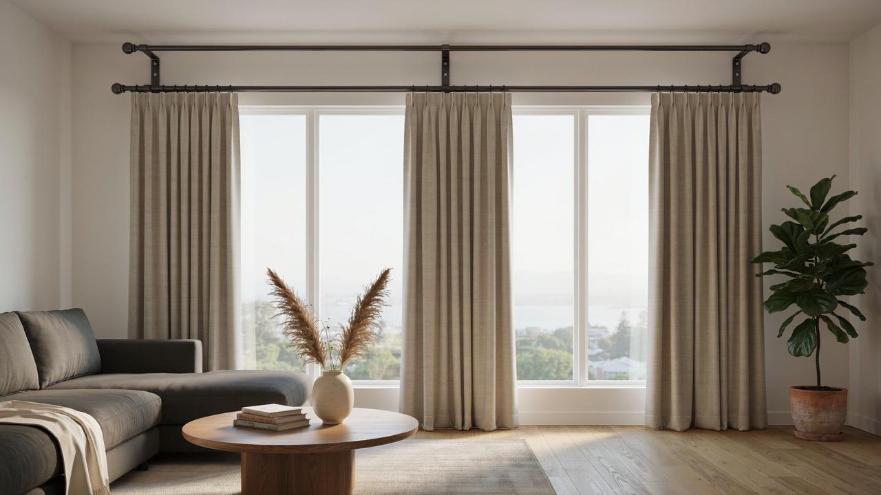 Wide-window DIY curtain rod with a center support bracket.