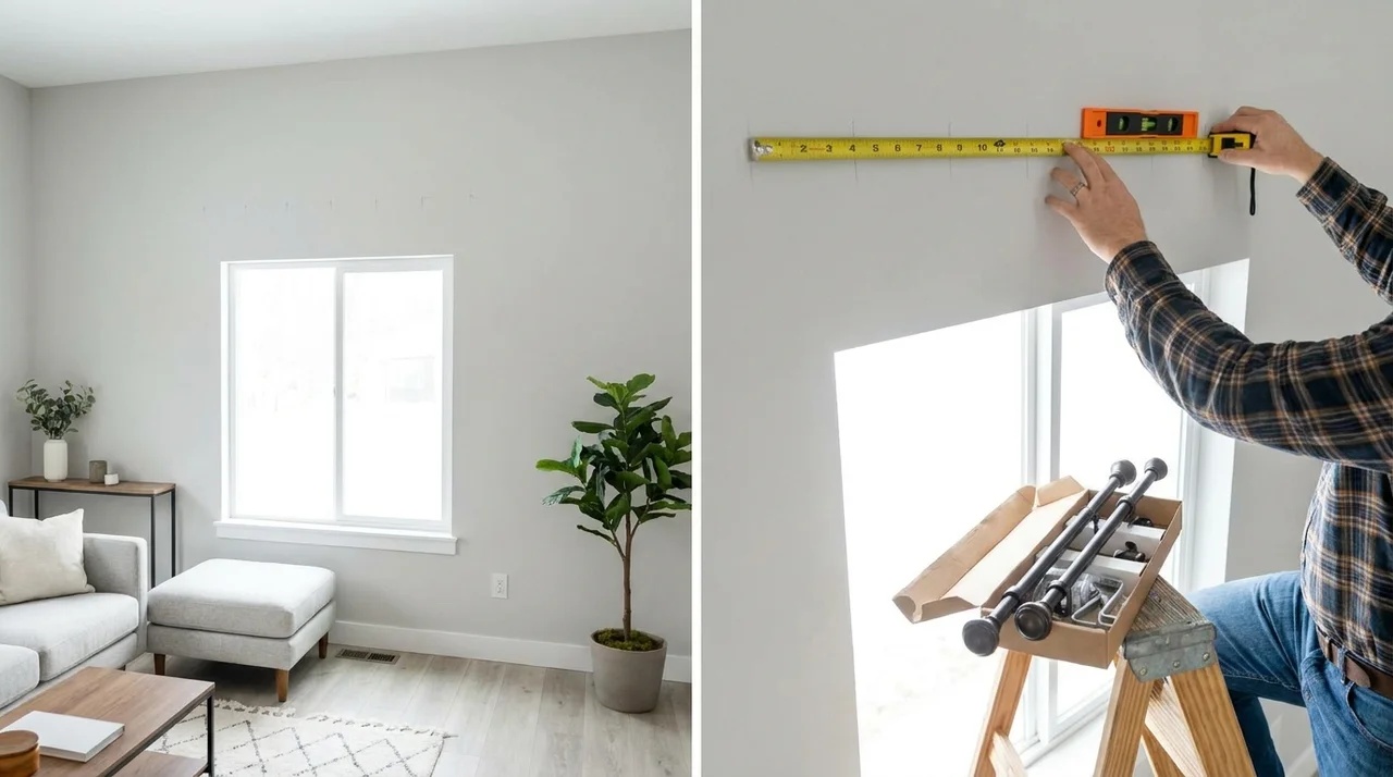Measuring curtain rod bracket height and spacing with a tape measure and level.