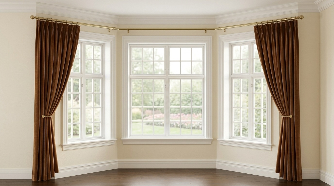 Brown velvet pinch pleat curtains tied back on bay window brass curved rod overlooking garden