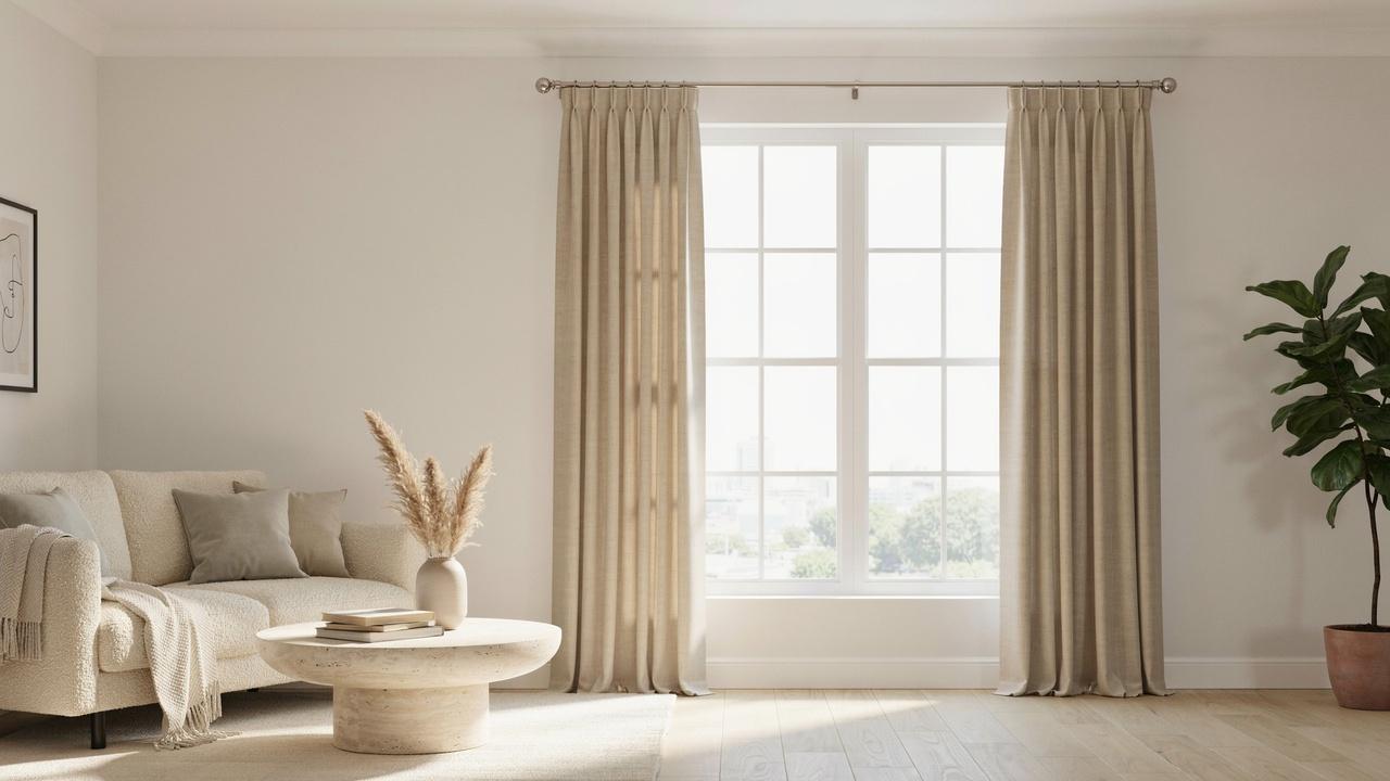 Full-length curtains correctly reaching the floor in a bright living room.