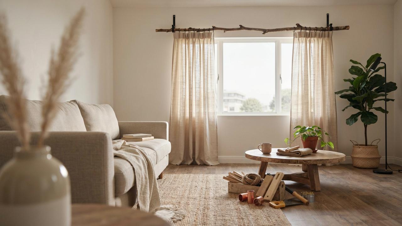 DIY curtain rods made from wood, copper pipe, and rope in a cozy living room.