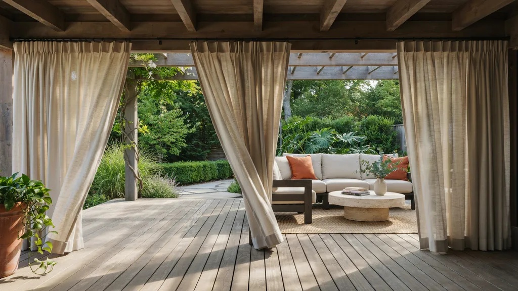 Weather-resistant outdoor curtains surrounding a covered patio.