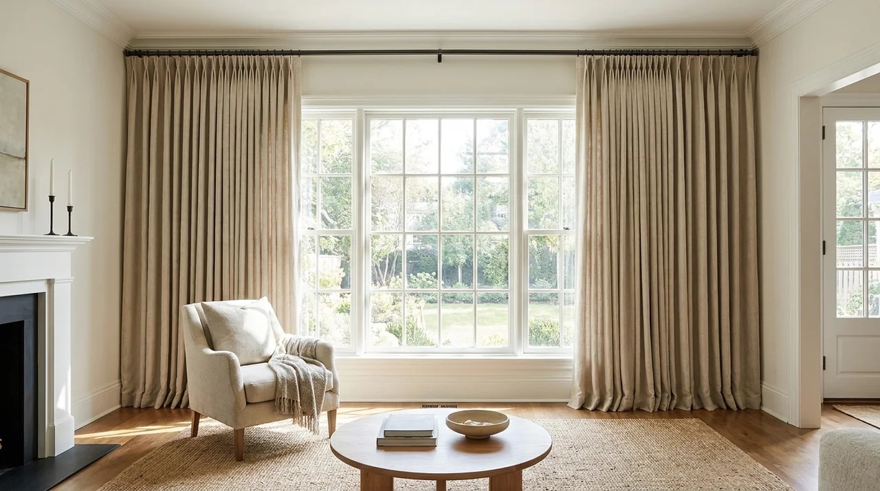 Floor-length curtains hanging neatly in a room with standard eight-foot ceilings and balanced proportions.