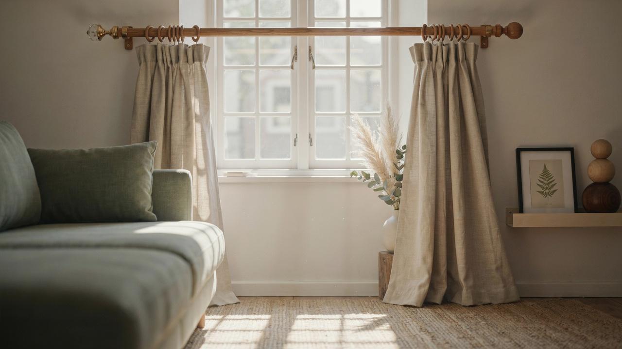 Wooden DIY curtain rod decorated with creative custom finials.