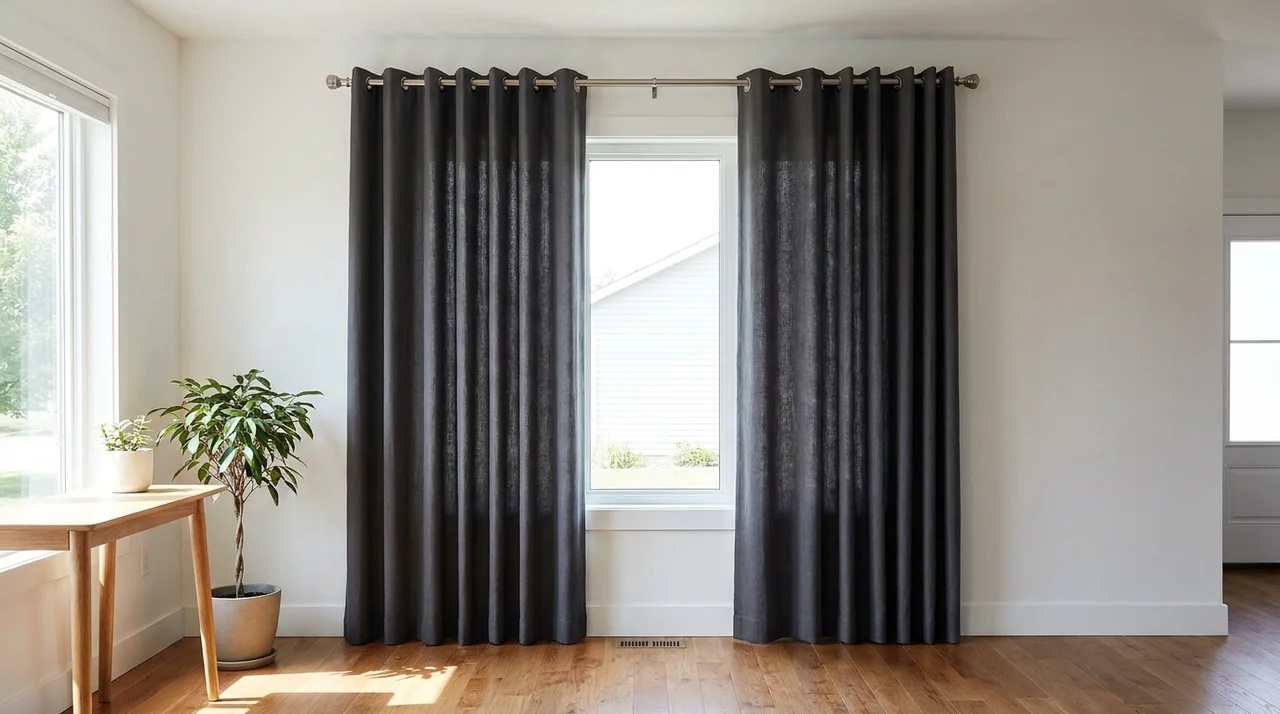 Grommet curtains hanging straight with level bottoms, balanced panels, and even folds.