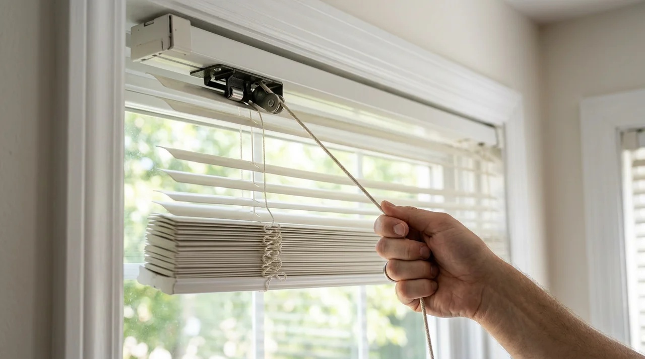 Person pulling the blind lift cord toward the window center at an angle.