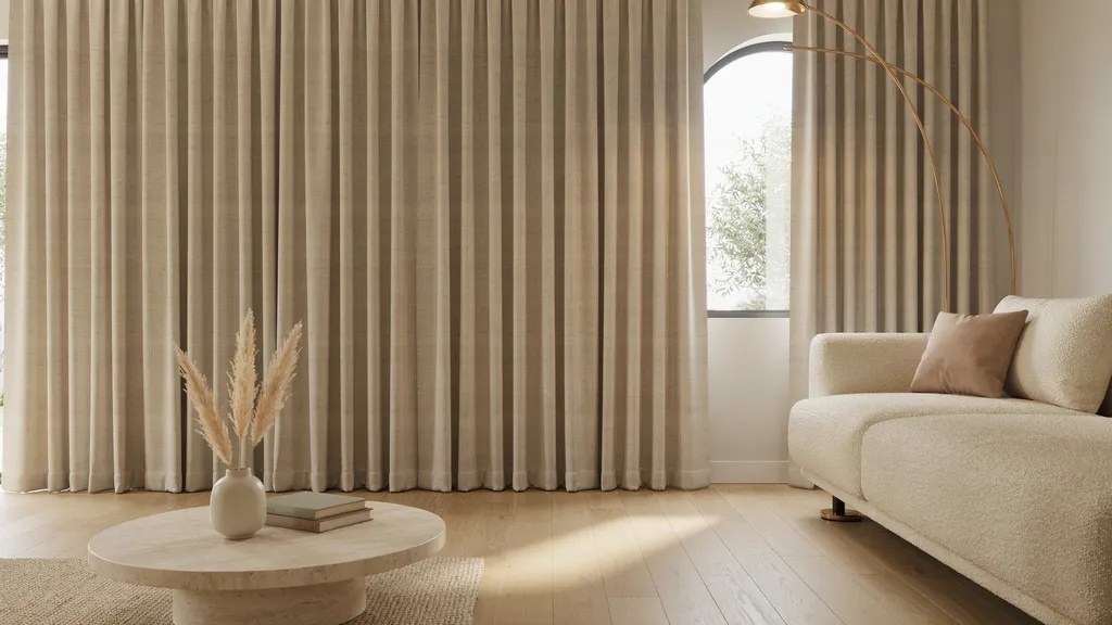 Modern inverted pleat curtains with a smooth flat front.