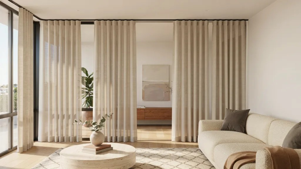 Simple flat panel curtains framing large modern windows.