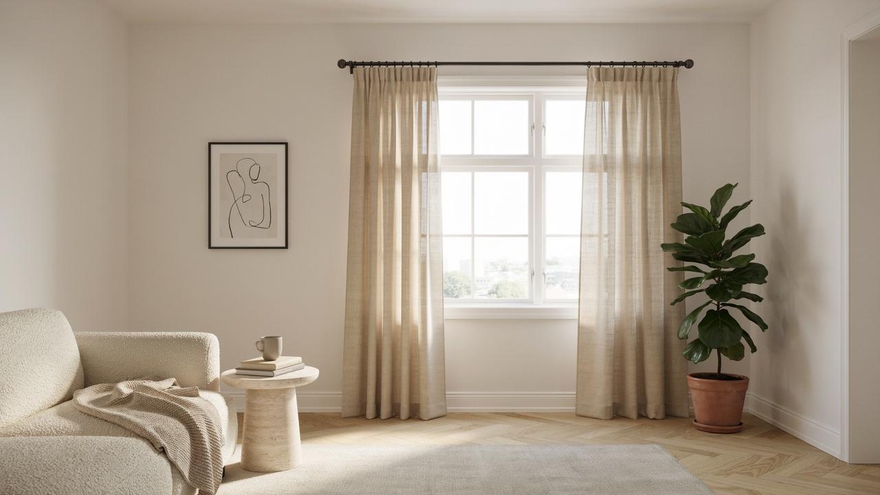 Light living room with beige curtains on multi-pane window, sofa, side table, large plant on herringbone floor