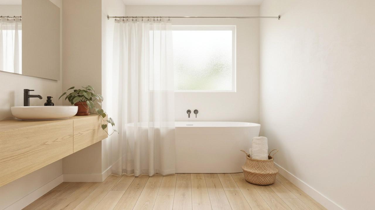 Waterproof PEVA shower curtain in a modern white bathroom.