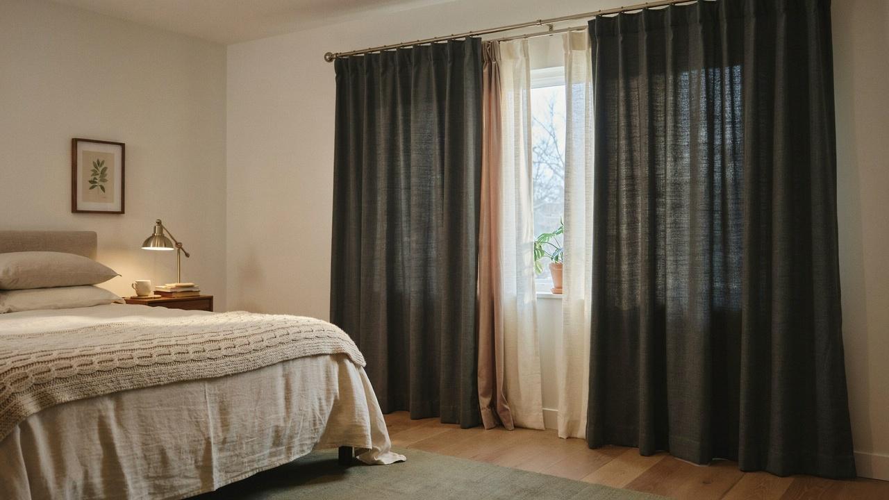 Insulating thermal curtains covering a bedroom window for temperature control.