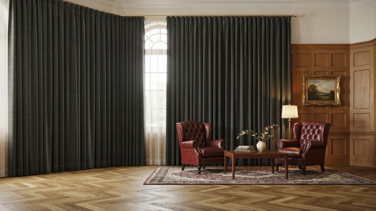 Box pleat curtains with crisp, evenly spaced folds in a formal room.