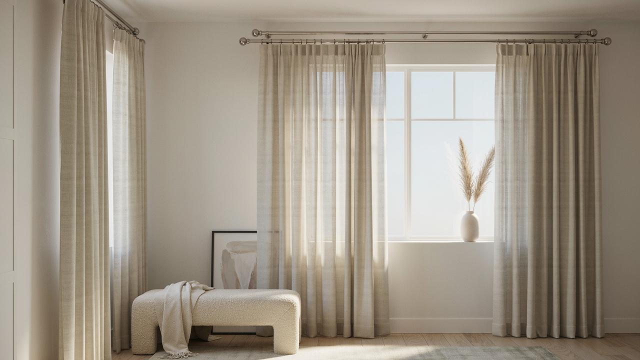 Double curtain rod with sheer and blackout curtains layered over a window.