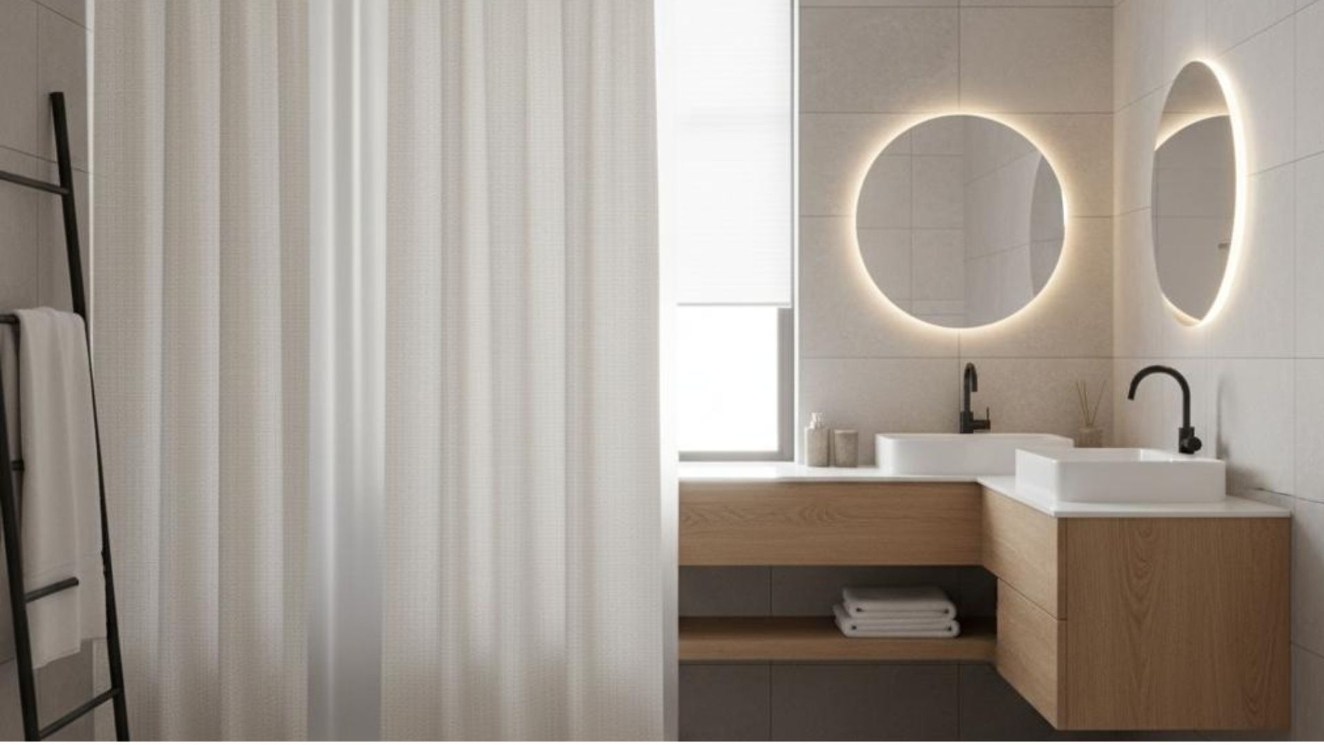 Modern bathroom showing a shower curtain and waterproof liner together.