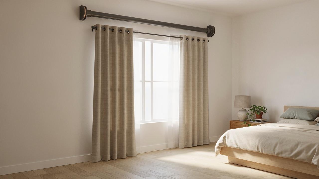 Painted PVC pipe curtain rod with decorative end caps.