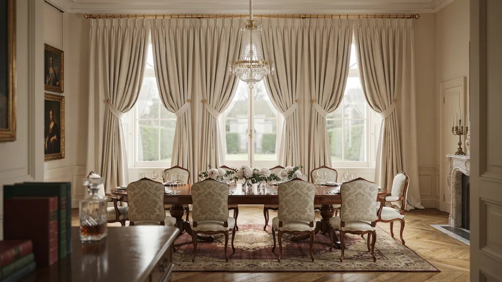 Formal goblet pleat curtains with rounded sculptural folds.