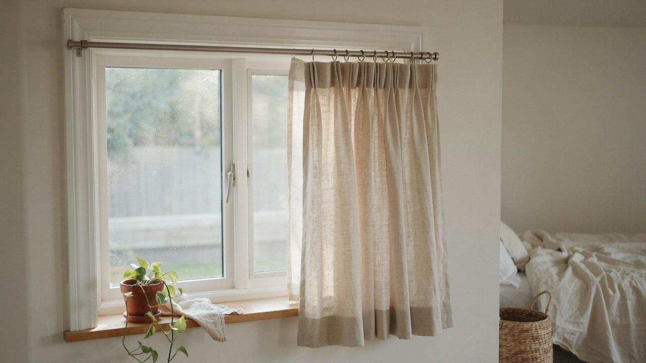 Tension curtain rod fitted inside a window frame with lightweight curtains.