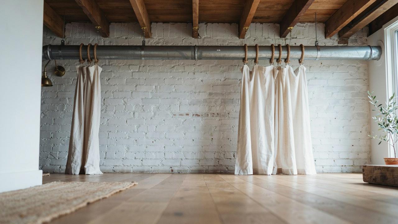 Galvanized pipe curtain rod suspended with natural rope hangers.