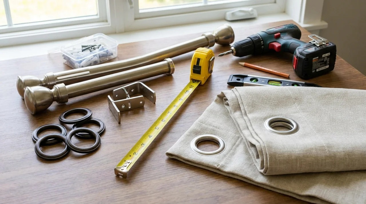 Grommet curtain hardware, tools, measuring tape, brackets, and panels prepared for installation.