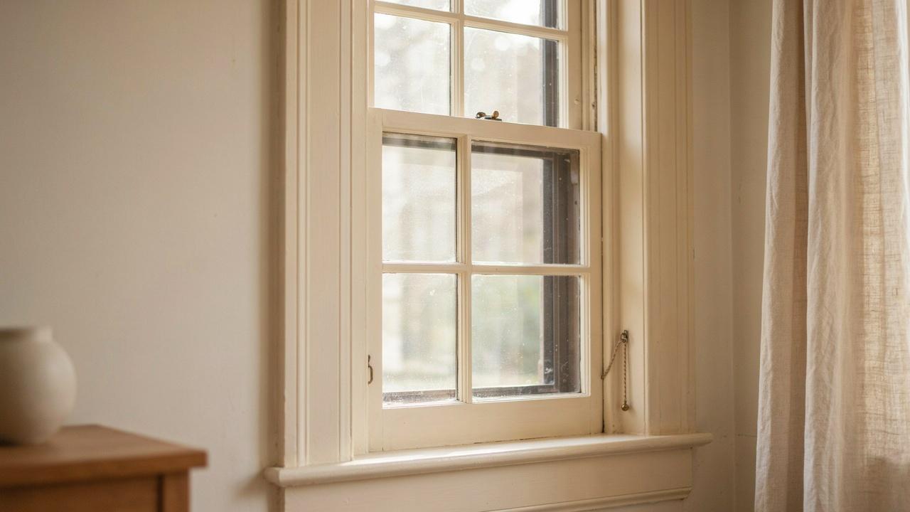Close-up of a window sash showing glass panes, rails, stiles, and surrounding frame.