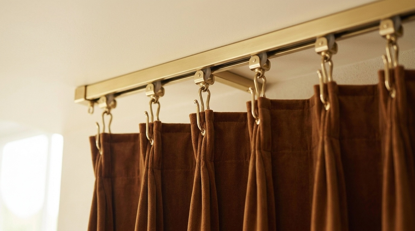 Brown velvet curtains hanging from brass ceiling track with gold hooks and gliders