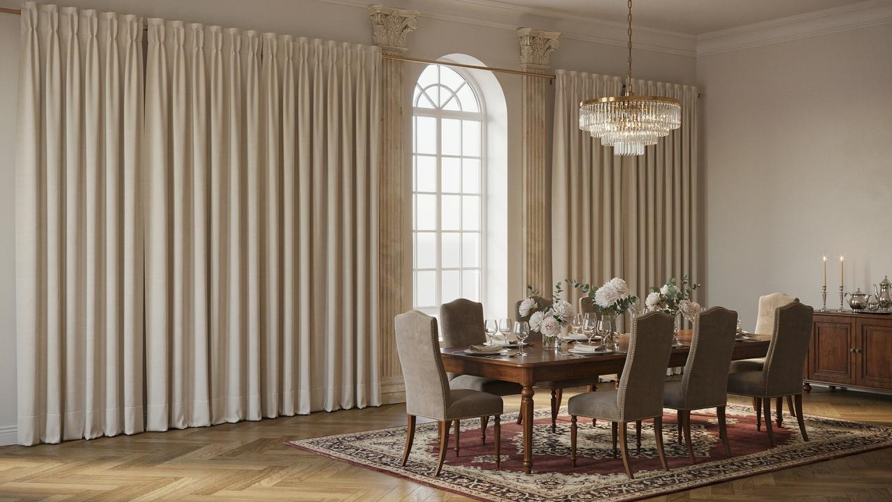 Goblet pleat curtains with rounded cup-shaped folds in a formal room.