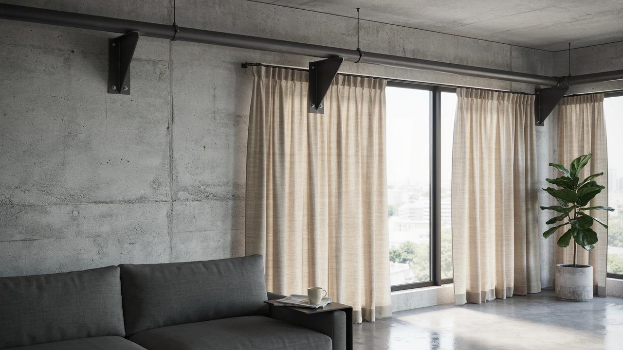 Metal conduit curtain rod supported by custom L-shaped brackets.