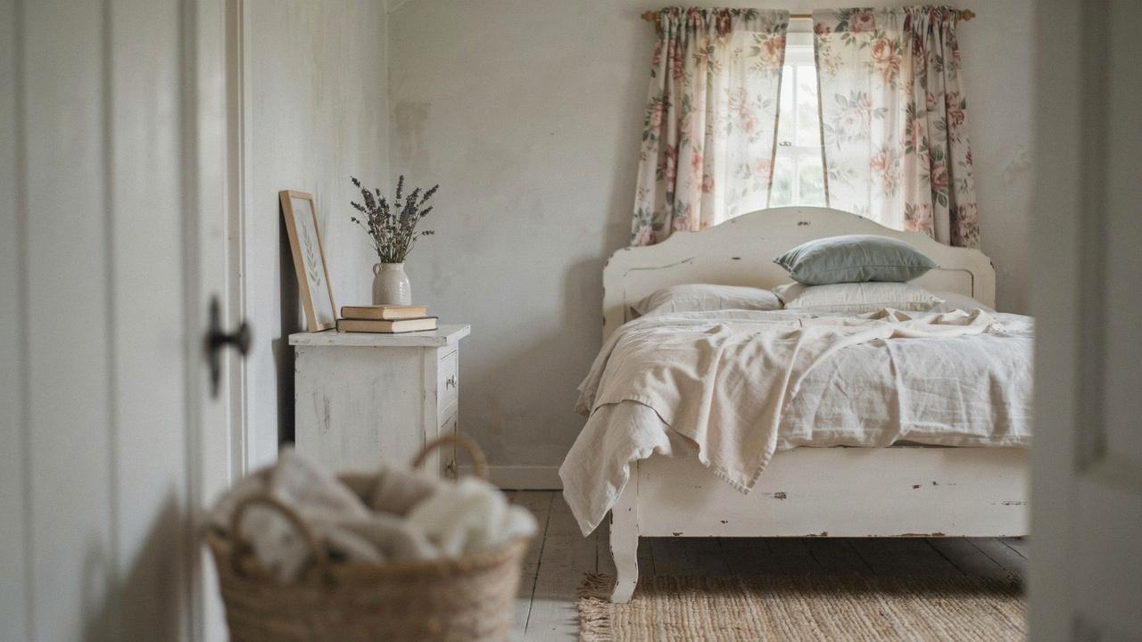 Cozy white vintage bedroom with distressed bed, floral curtains, jute rug, nightstand with lavender vase.