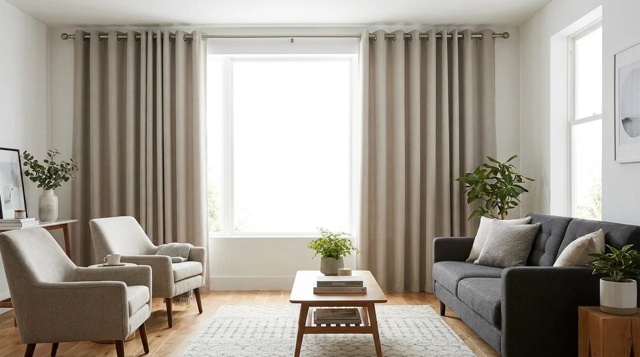 Grommet curtains with metal rings and smooth folds in a modern living room.