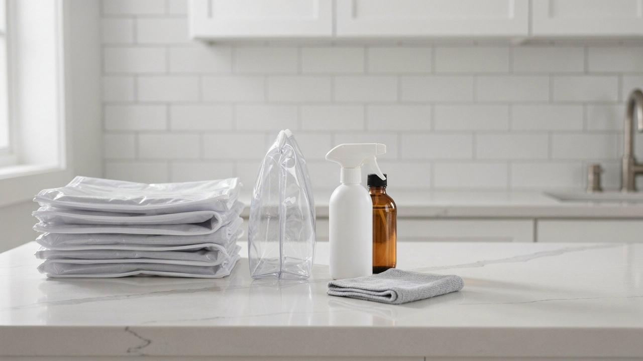 PEVA products beside household cleaning supplies in a clean home setting.