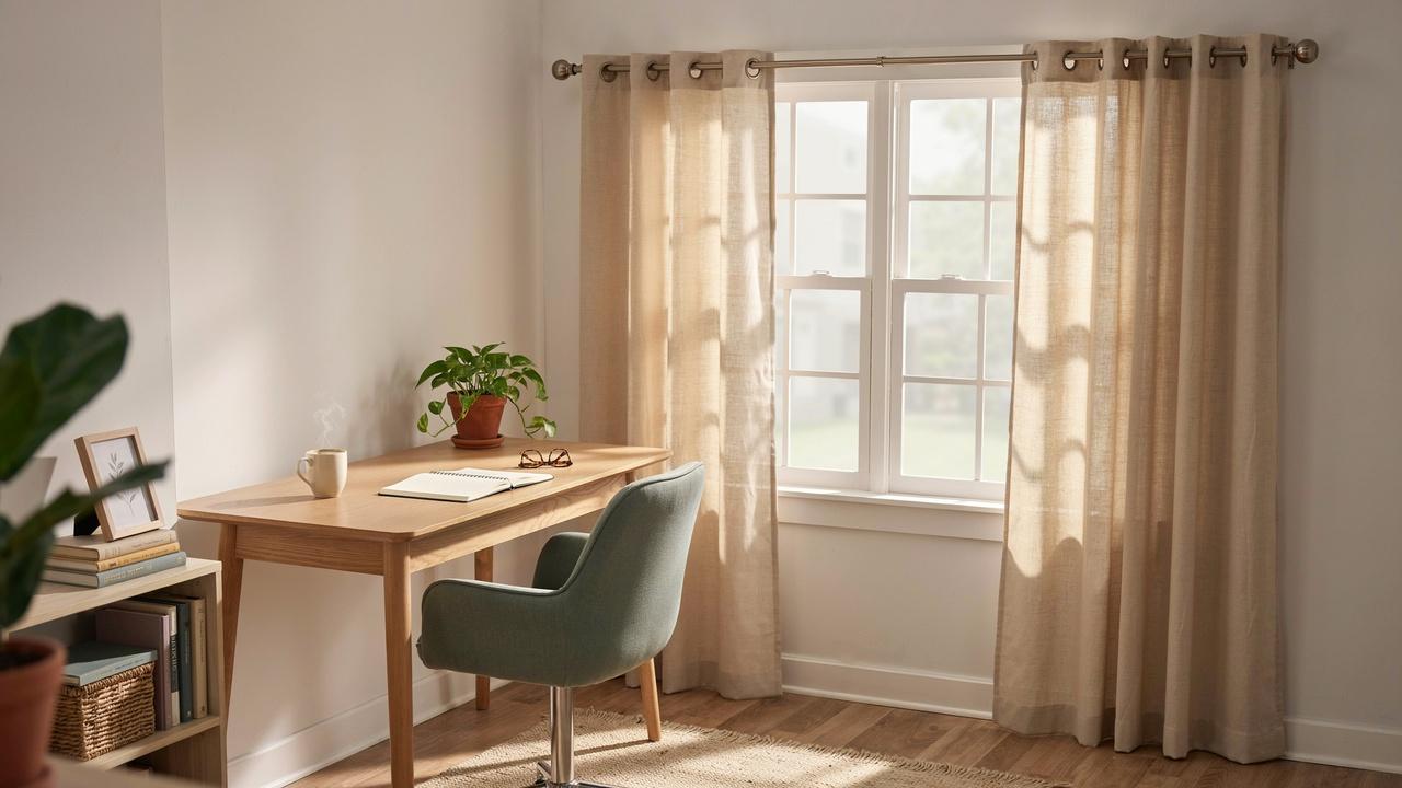Casual tab top curtains hanging from a simple rod in a home office.