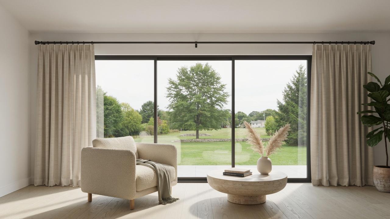 Bright living room with beige curtains framing sliding glass doors overlooking green lawn, armchair and round coffee table.