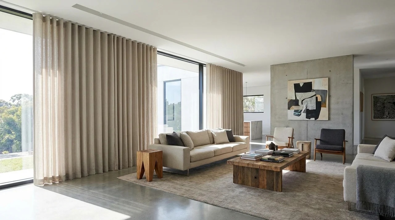 Ripple fold curtains with smooth continuous waves on a modern ceiling-mounted track.