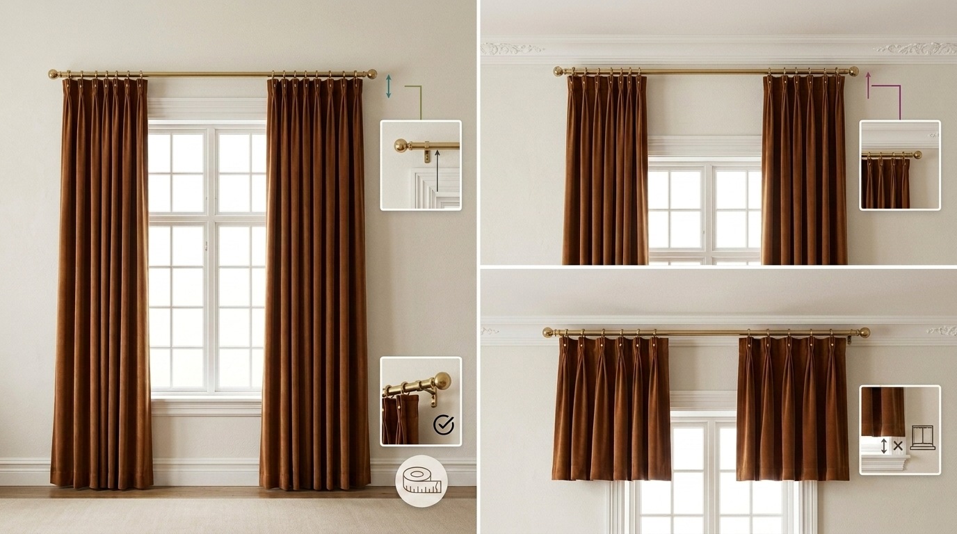 Brown velvet curtains showing correct floor-length height versus too high and too short incorrect installations