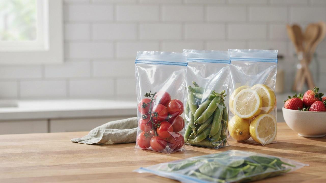 Three zip-top bags with cherry tomatoes, snap peas, and lemon slices on a wooden counter, plus spinach and strawberries.