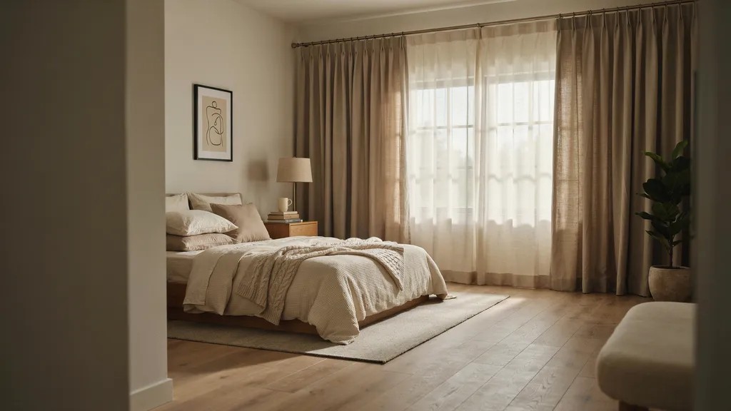Thick thermal curtains covering large residential windows.