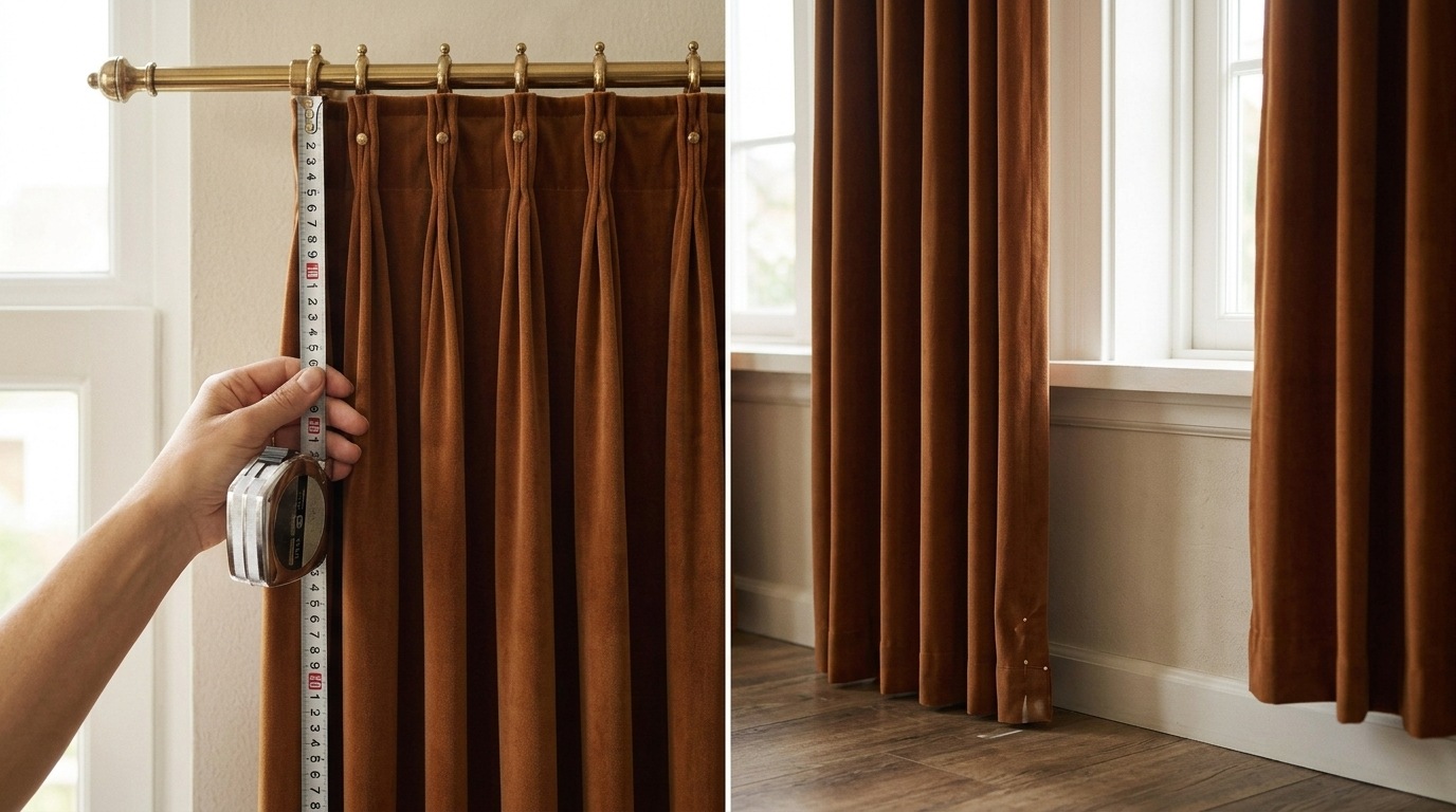 Hand measuring brown velvet curtain length with tape measure from brass rod to floor in natural light